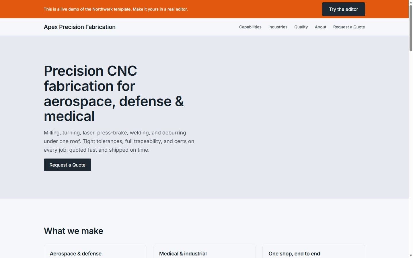 Apex Precision Fabrication demo homepage: a CNC job shop site.