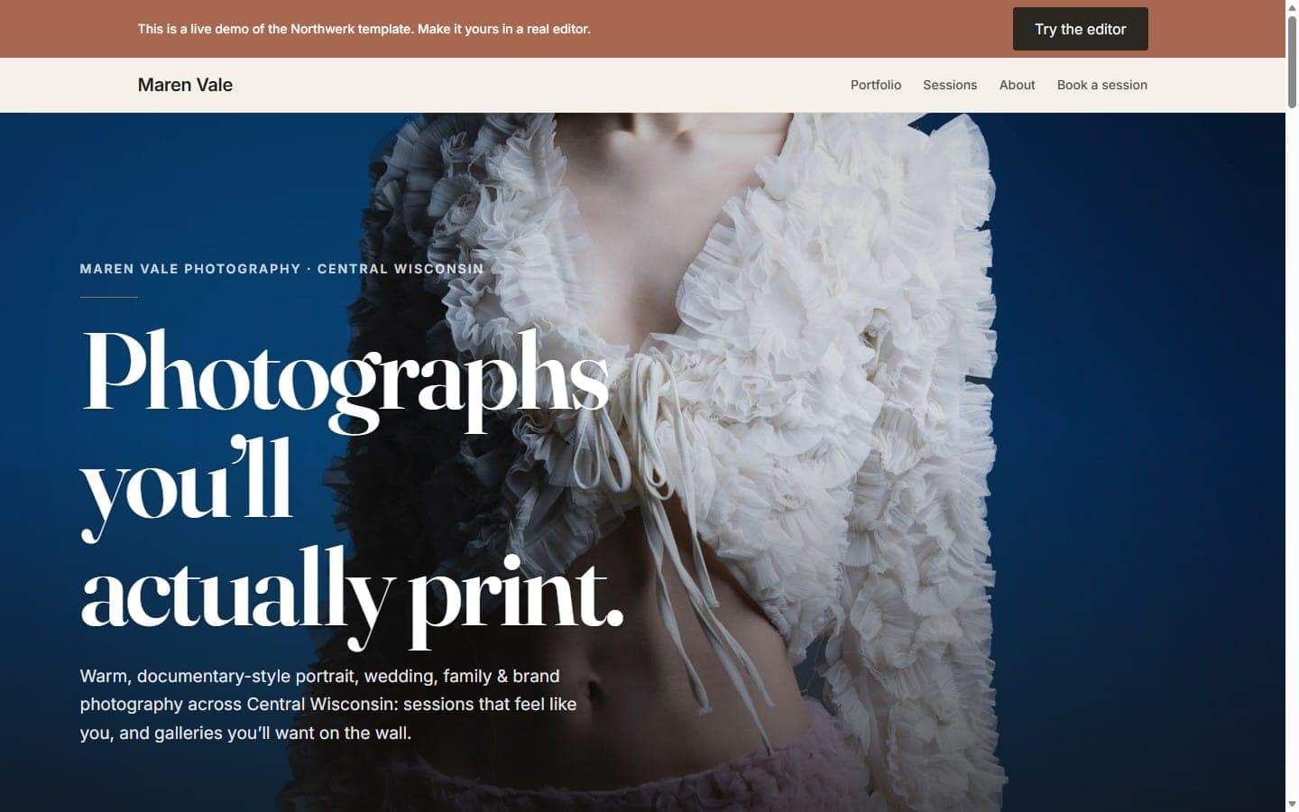 Maren Vale Photography demo homepage with a full-bleed portrait.