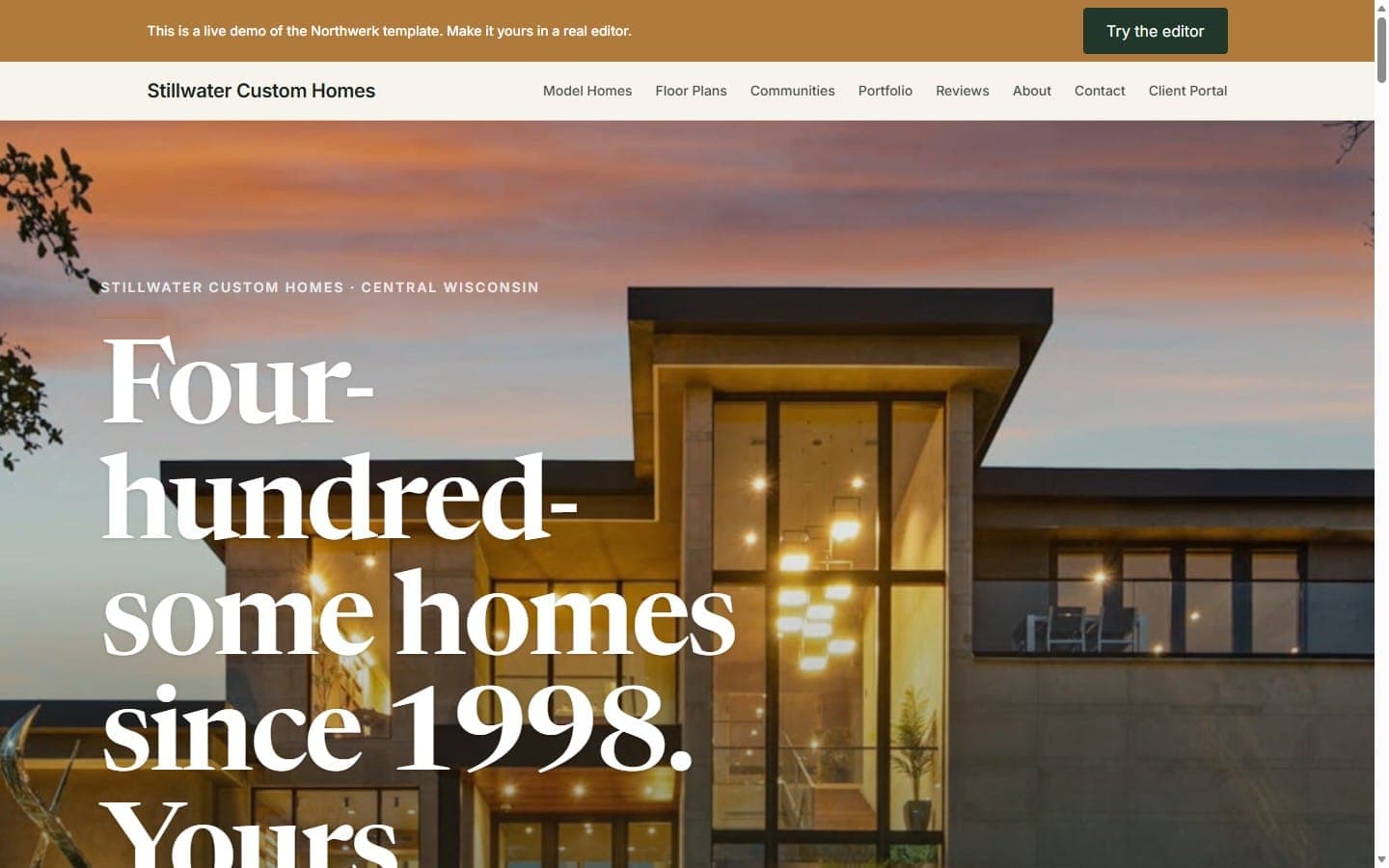 Stillwater Custom Homes demo homepage with a modern home at dusk.